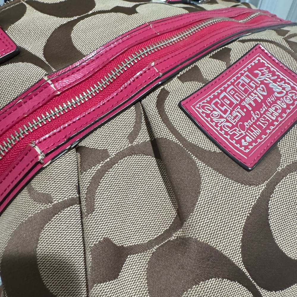 Coach Poppy Brown and Fuchsia Canvas Tote - Picture 4 of 13